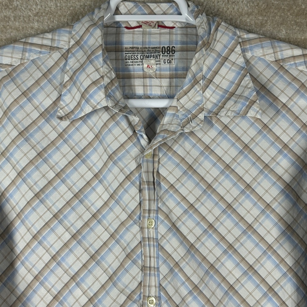 Guess Men Y2K Indie Sleaze Diagonal Plaid Button Down Shirt Blue Tan XL 086